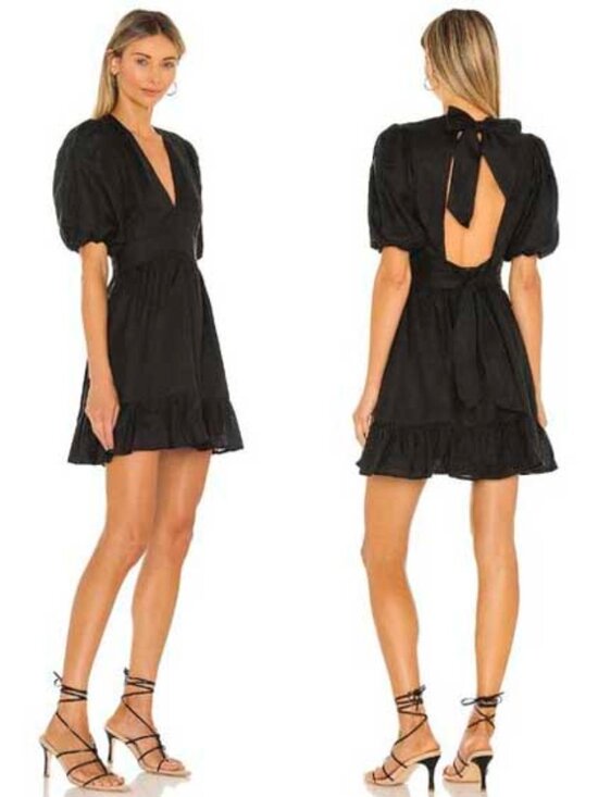 Faithfull the Brand Dresses & Skirts - Faithfull The Brand Womens Black Linen Tie Back Dress Balloon Sleeves 6